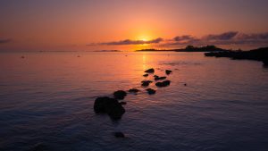 Rocks dot the water leading the say to the sunrise on Paradise Island Bahamas