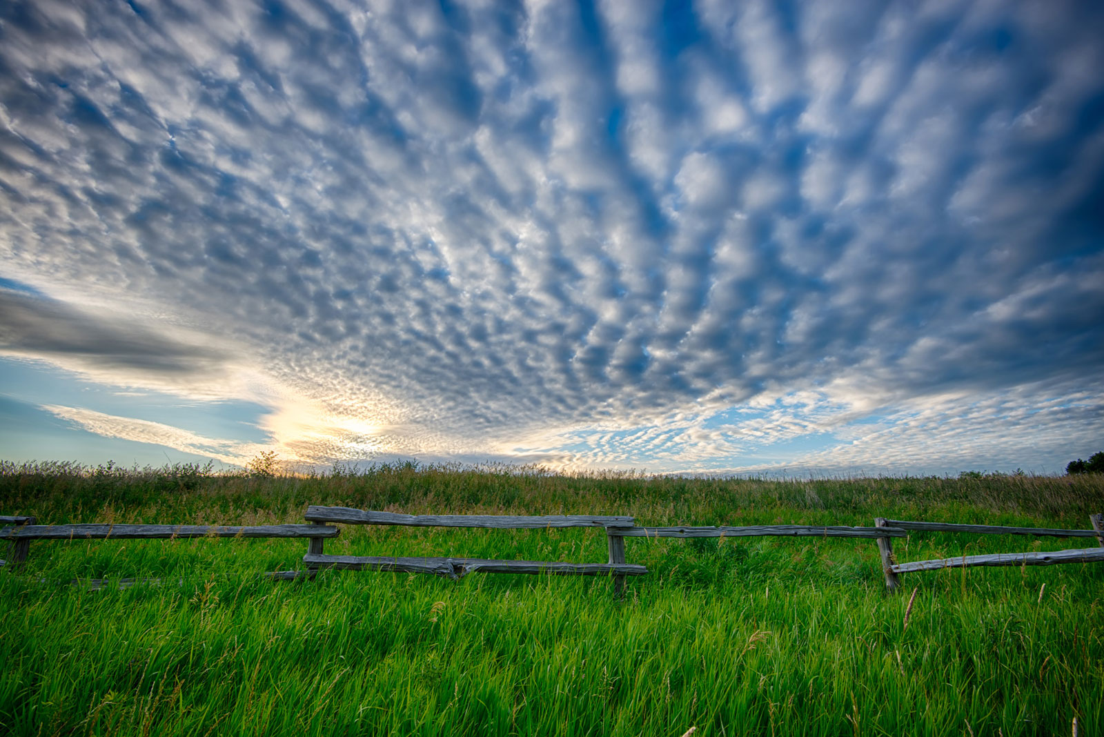 lush green grass and an old wooden fence under a dramatic sky